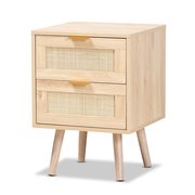 Baxton Studio Baird Mid-Century Modern Light Oak Brown Finished Wood and Rattan 2-Drawer Nightstand 176-11249-Zoro